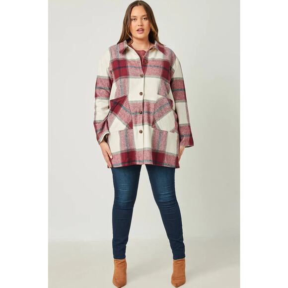 SHACKET Hayden Burgundy Plaid with Front Pockets Plus 1X - Picture 3 of 6